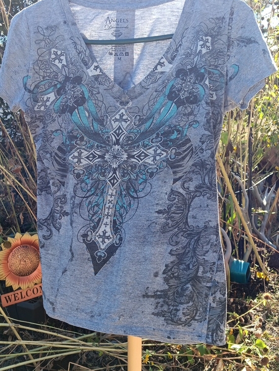 Angels Tops - Angels Heather Gray V-Neck Tee with Teal and Black Cross Graphic